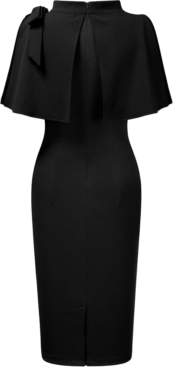 AISIZE Women's Vintage 1940s Half Collar Batwing Cape Party Pencil Dress