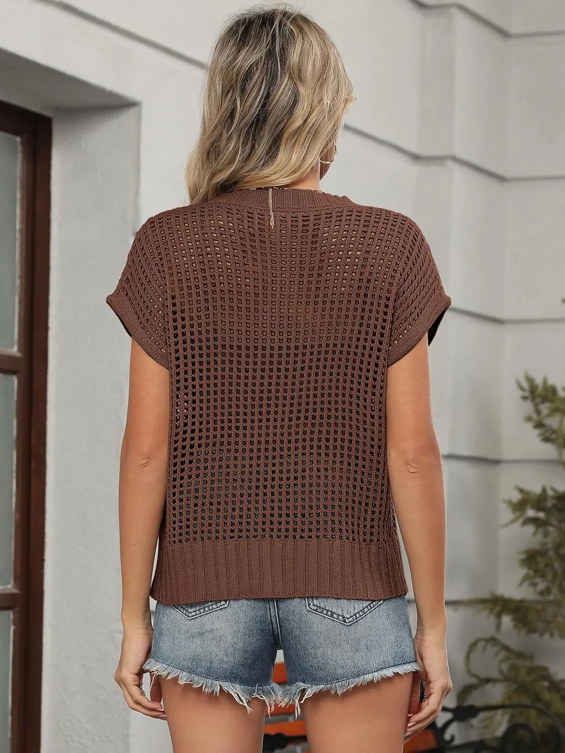 ANRABESS Womens Summer Crochet Sweater Tops Casual Cap Short Sleeve Hollow Out Mesh Knit Beach Cover Up Shirts 2025 Spring