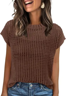 ANRABESS Womens Summer Crochet Sweater Tops Casual Cap Short Sleeve Hollow Out Mesh Knit Beach Cover Up Shirts 2025 Spring