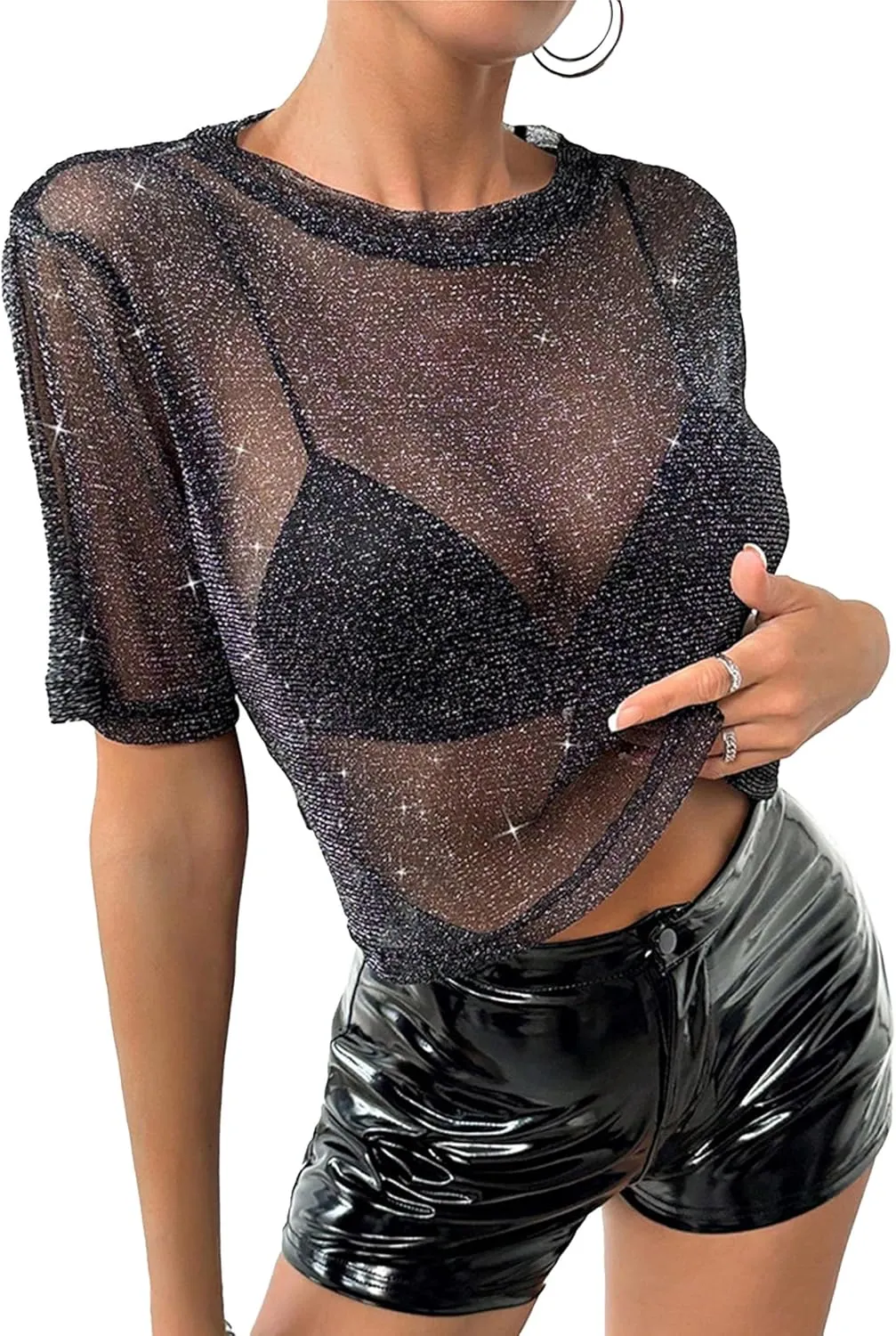 Avanova Women Sexy Sheer Mesh Crop Top See Through Oversized Short Sleeves Boxy Tee Shirt