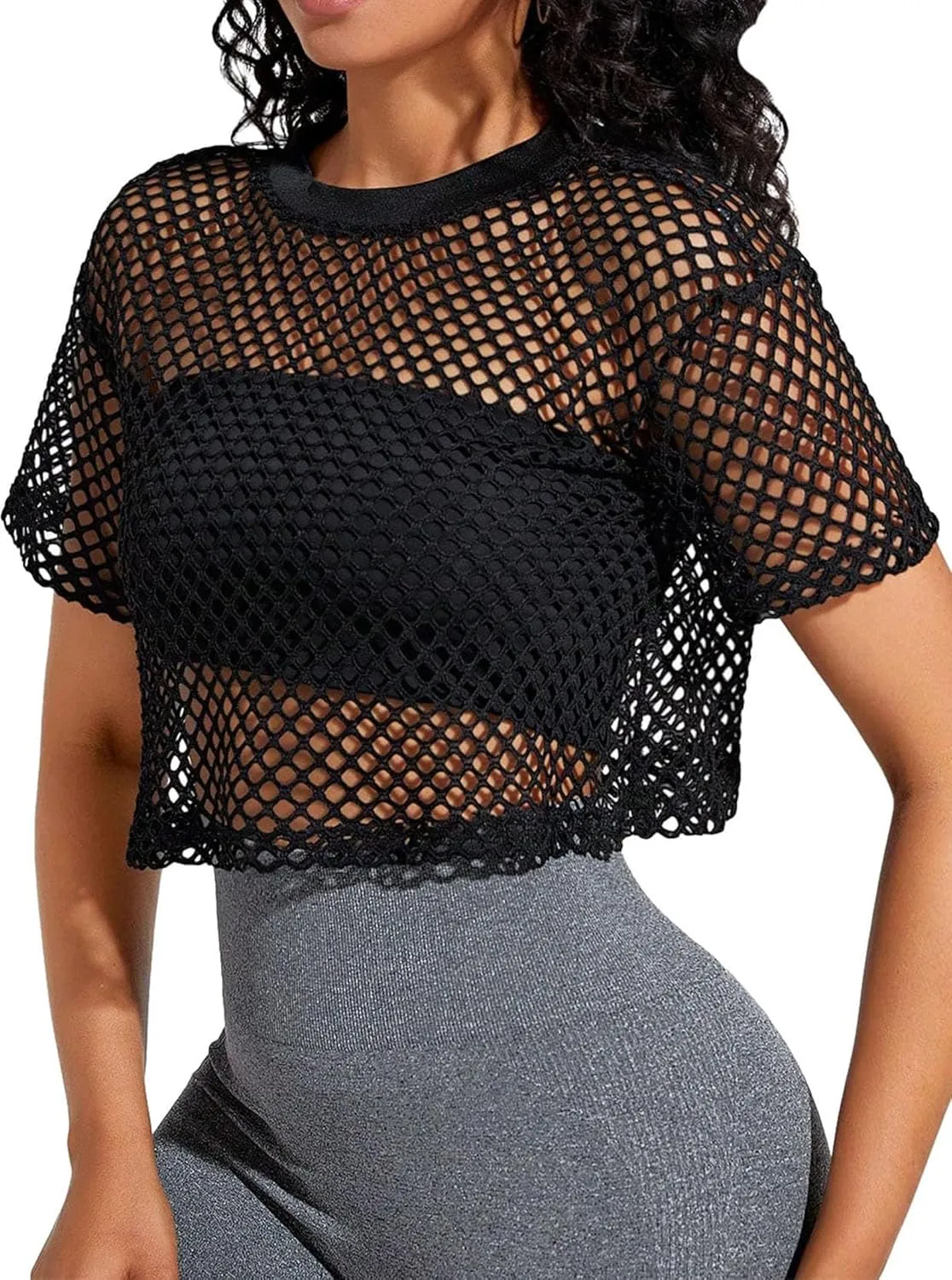 Avanova Women Sexy Sheer Mesh Crop Top See Through Oversized Short Sleeves Boxy Tee Shirt