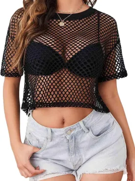 Avanova Women Sexy Sheer Mesh Crop Top See Through Oversized Short Sleeves Boxy Tee Shirt