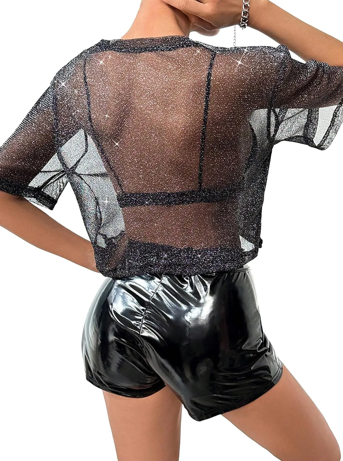 Avanova Women Sexy Sheer Mesh Crop Top See Through Oversized Short Sleeves Boxy Tee Shirt
