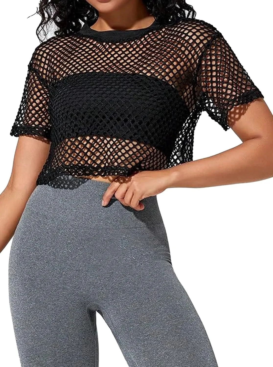 Avanova Women Sexy Sheer Mesh Crop Top See Through Oversized Short Sleeves Boxy Tee Shirt
