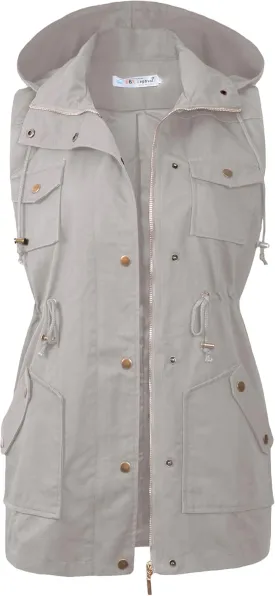 BBX Lephsnt Womens Utility Vest Drawstring Waist Military Sleeveless Jacket