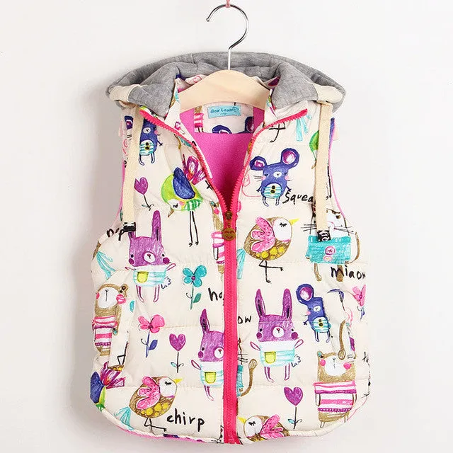 Children Clothing Winter Outerwear&Coats Animal Graffiti Thick Princess Girls Vest Hooded Kids Jackets Baby Girl Warm Waistcoat