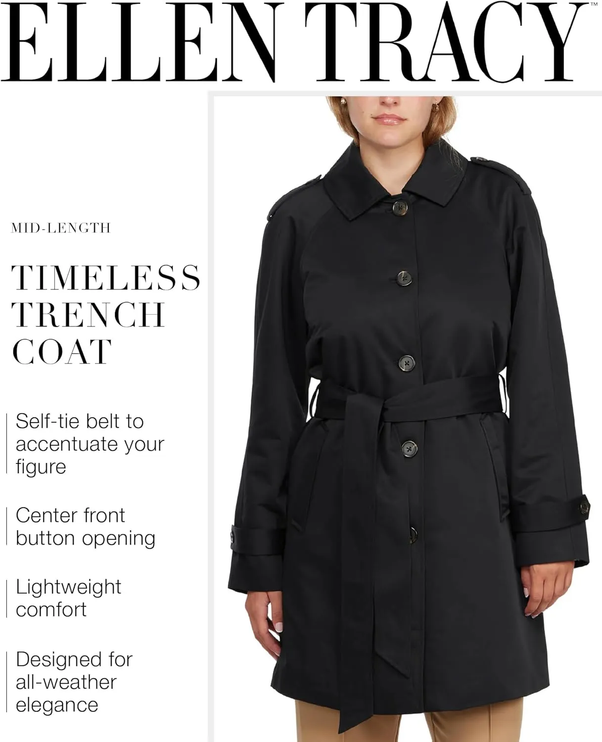 ELLEN TRACY Women's Trench Coat - Waist Belted Button Up Long Raincoat for Ladies (Sizes: S-XL)