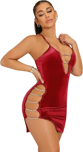 Floerns Women's Chain Cut Out Sleeveless Velvet Bodycon Party Mini Dress