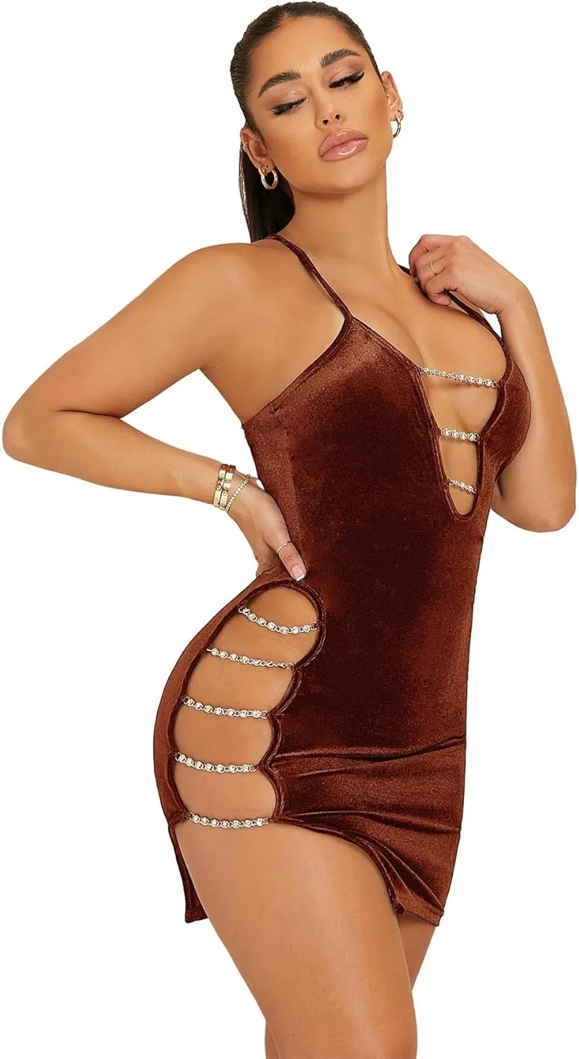 Floerns Women's Chain Cut Out Sleeveless Velvet Bodycon Party Mini Dress