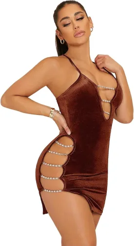 Floerns Women's Chain Cut Out Sleeveless Velvet Bodycon Party Mini Dress