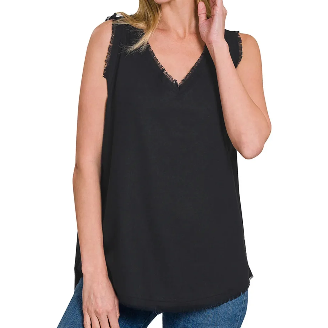 Frayed Edge V-Neck Top, Black
