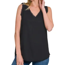 Frayed Edge V-Neck Top, Black