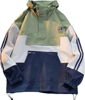 GURUNVANI Mens Color Blocked Anorak Jacket Half Zip Hooded Windbreaker Coat Unisex Outdoor Pullover Jacket