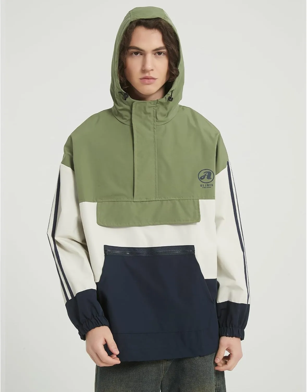 GURUNVANI Mens Color Blocked Anorak Jacket Half Zip Hooded Windbreaker Coat Unisex Outdoor Pullover Jacket