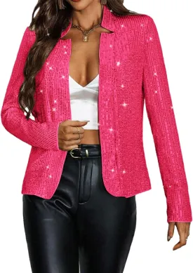 Haoohu Womens Sequin Short Jackets Long Sleeve Open Front Coat Glitter Blazer Casual Coat Party Clubwear