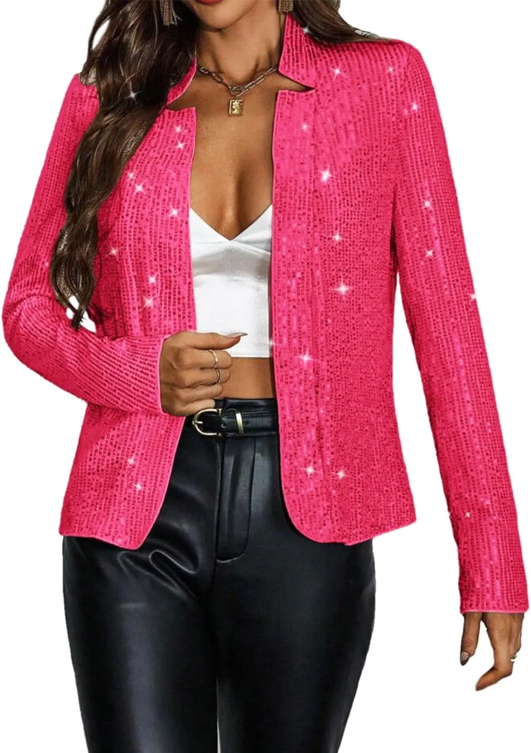 Haoohu Womens Sequin Short Jackets Long Sleeve Open Front Coat Glitter Blazer Casual Coat Party Clubwear