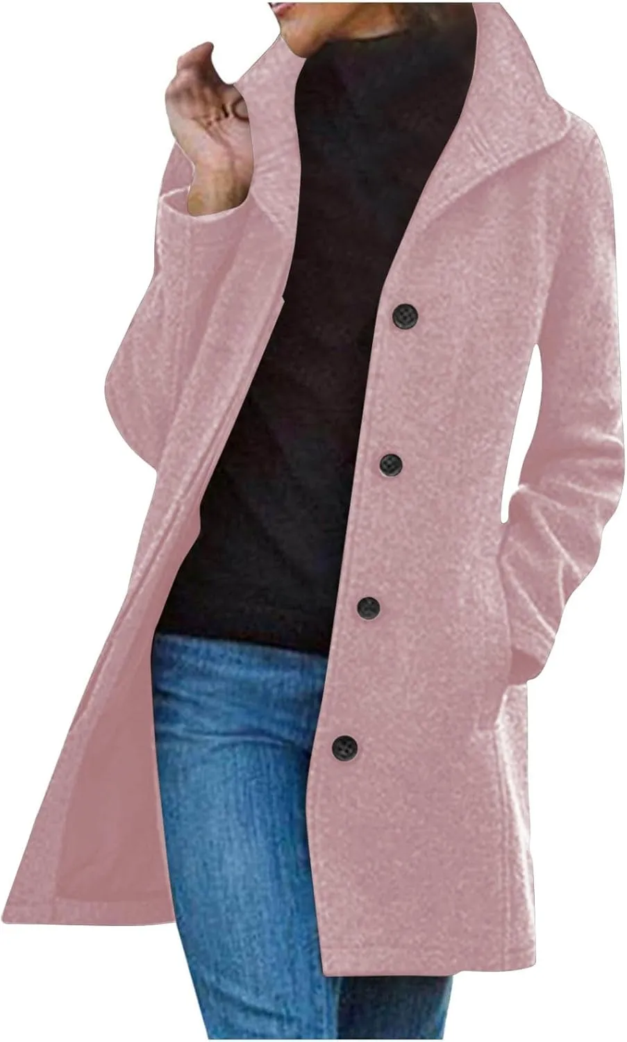 HGps8w Classic Single-Breasted Trench Coat for Women Dressy Wool Blend Winter Pea Coat Mid-Long Outerwear Jacket with Pockets