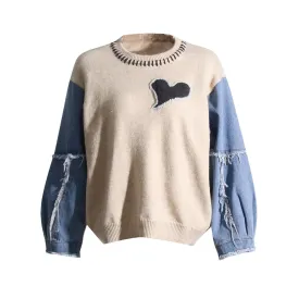 Hit Color Spliced Denim Sweater For Women Round Neck Long Sleeve Pullover Sweaters Female Fashion Style Clothing