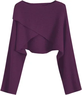 Joe Wenko Women's Boat Neck Sweater Long Sleeve Cross Wrap Asymmetrical Hem Cropped Pullover Jumper Tops
