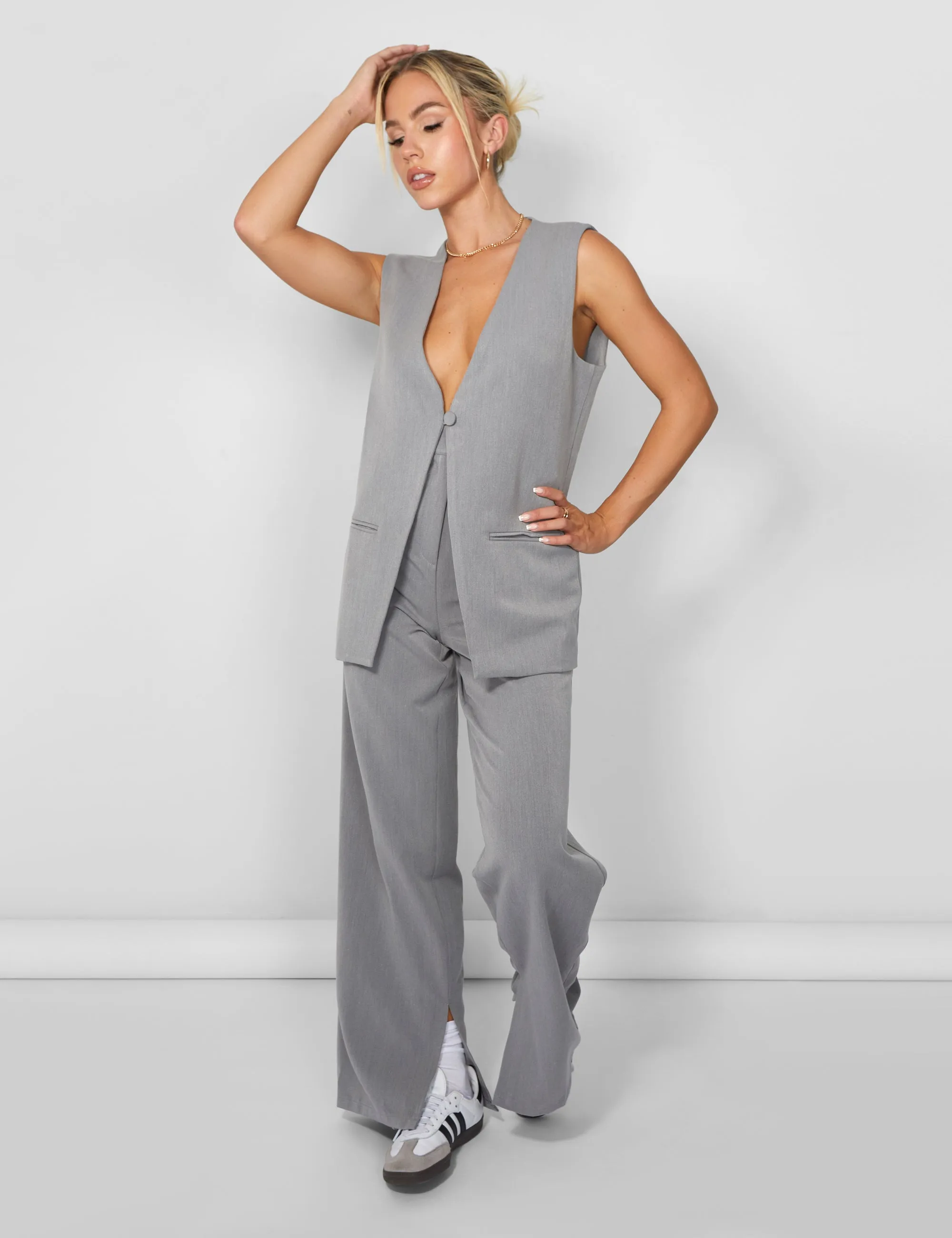 Kaiia Tailored Button Detail Longline Top Co-ord in Grey