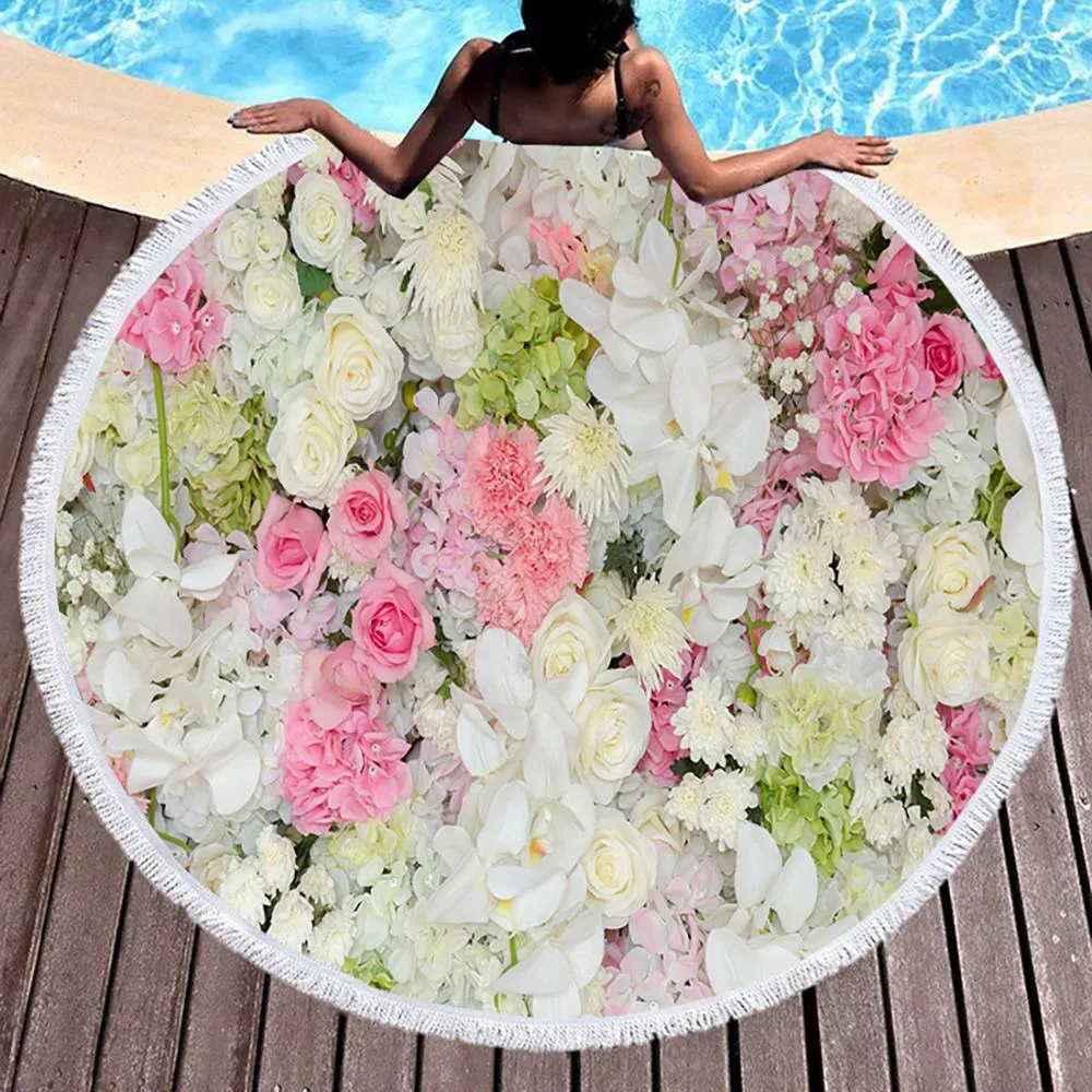 Kawaii Flowers Rose Bush Pink Beach Bath Towel Round Sea Blanket Seaside Yoga Carpet Picnic Mat Absorbent Manteau Cover Cloak