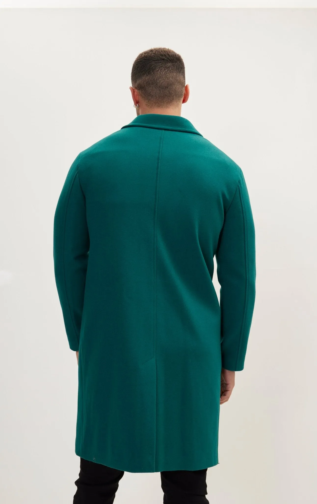 Long Fitted Pea Coat With Notch Lapel - Dark Green