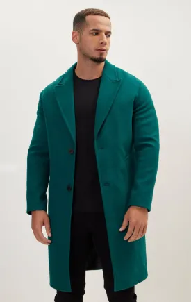 Long Fitted Pea Coat With Notch Lapel - Dark Green