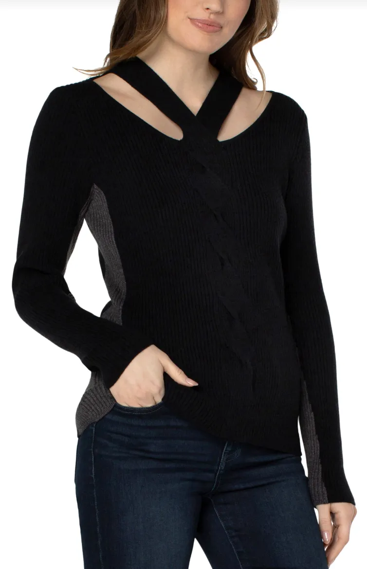 Long Sleeve Cable Twist Neck Wrap Sweater - Black Charcoal