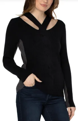 Long Sleeve Cable Twist Neck Wrap Sweater - Black Charcoal