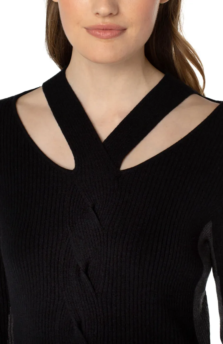 Long Sleeve Cable Twist Neck Wrap Sweater - Black Charcoal