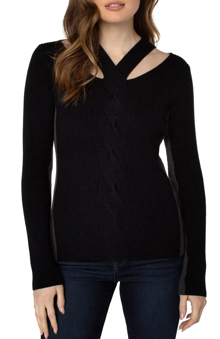 Long Sleeve Cable Twist Neck Wrap Sweater - Black Charcoal