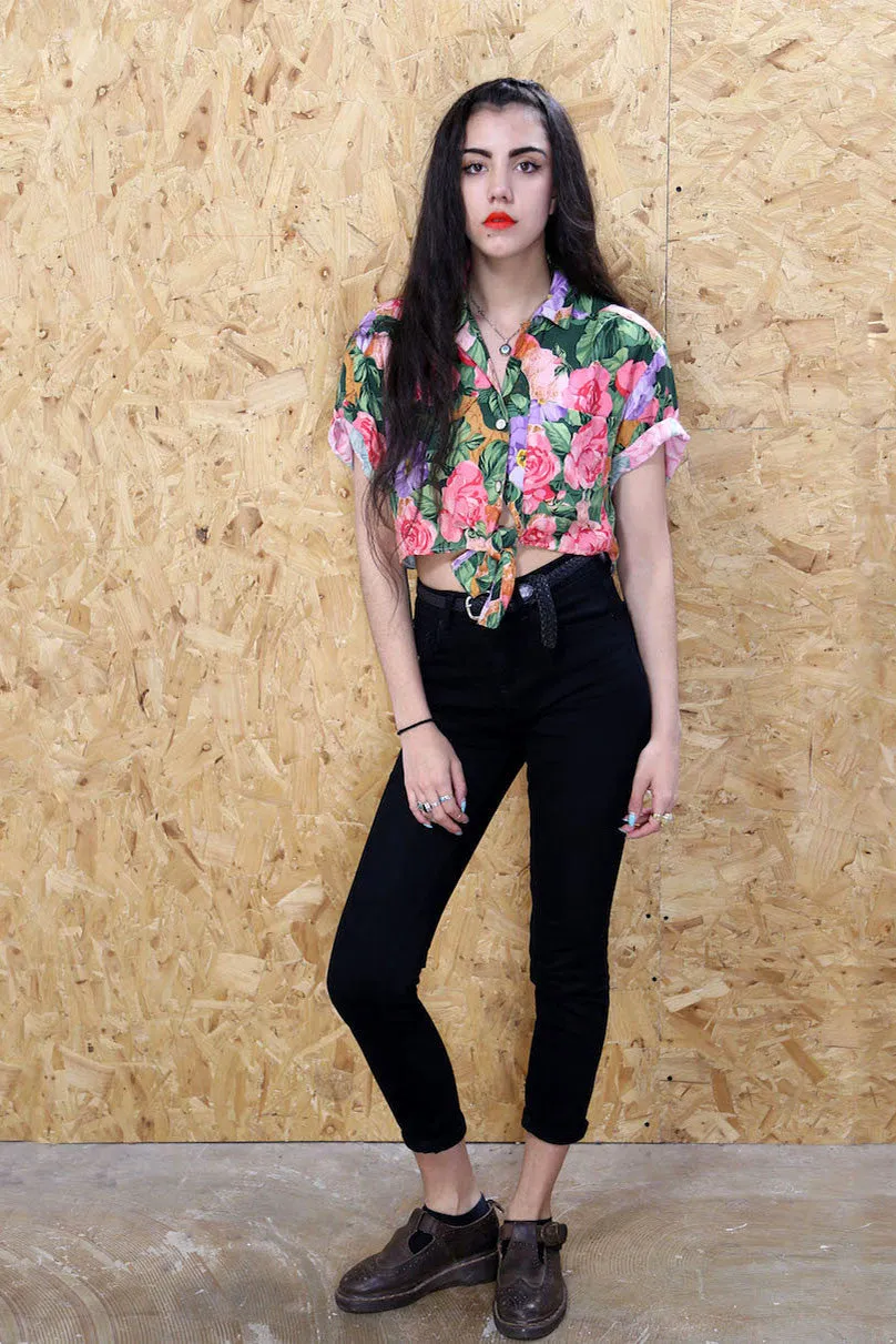 LOOT LABEL Cropped Tie Front Floral Blouse