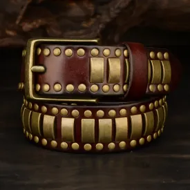 Men's Antique Gold Round Square Rivets Leather Belt