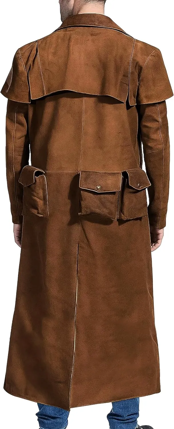 Mens Brown Suede Leather Trench Coat - Real Suede Leather Duster Coat - Western Duster Cowboy Coat for Men