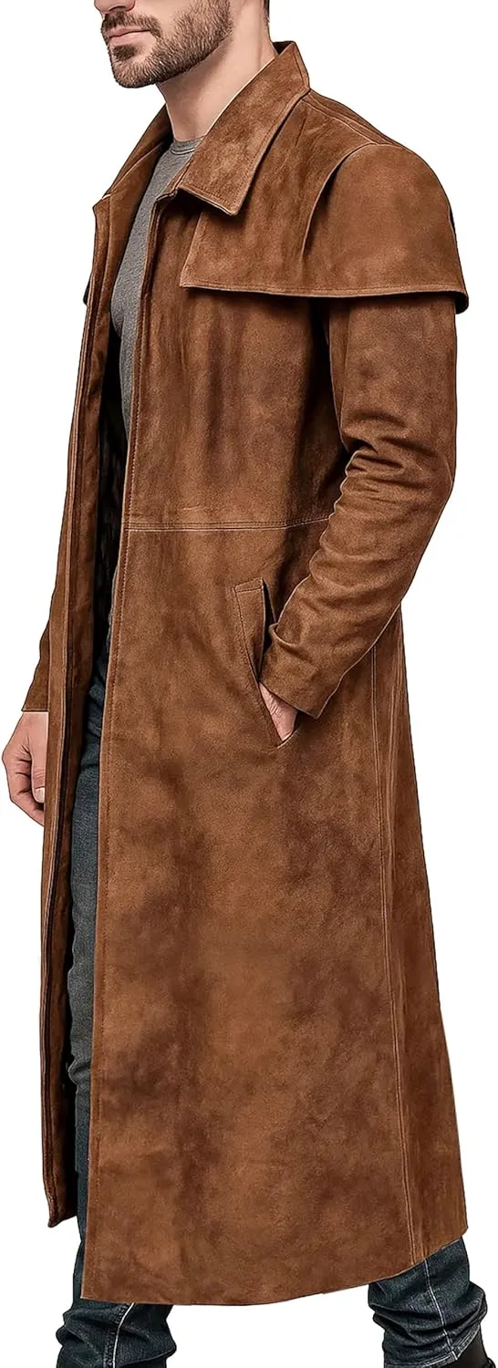 Mens Brown Suede Leather Trench Coat - Real Suede Leather Duster Coat - Western Duster Cowboy Coat for Men