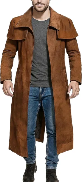 Mens Brown Suede Leather Trench Coat - Real Suede Leather Duster Coat - Western Duster Cowboy Coat for Men