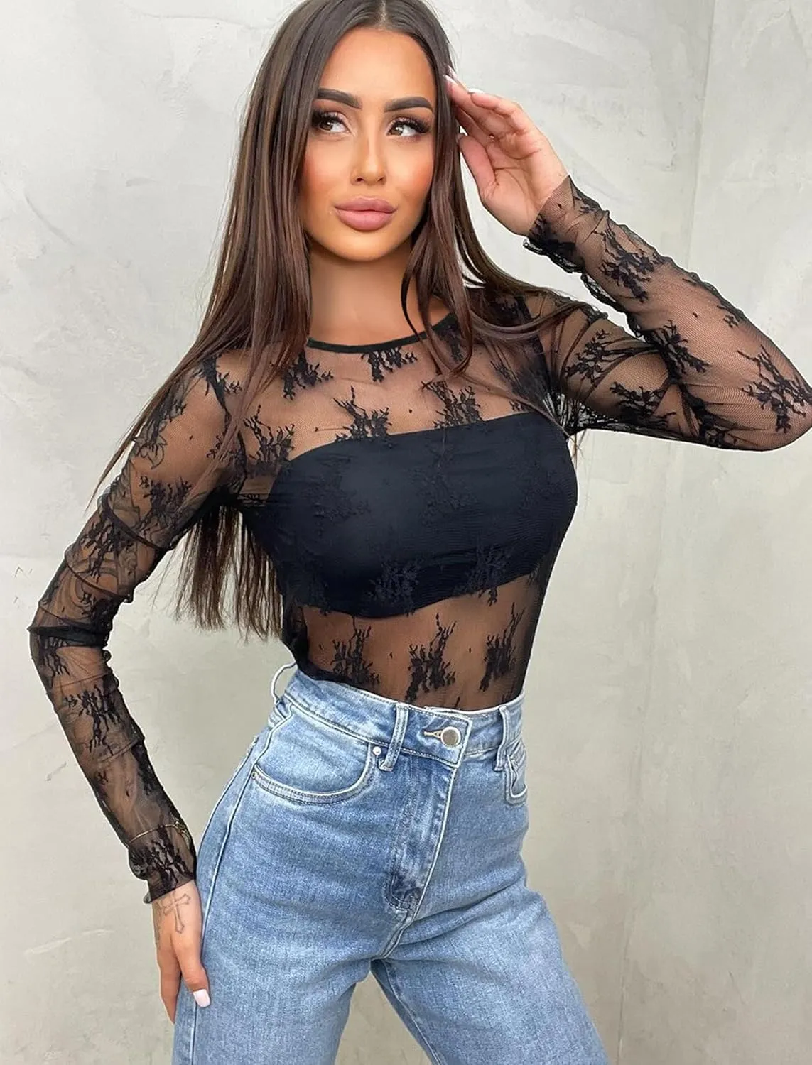 OFEEFAN Womens Mesh Tops Lace Long Sleeve Shirts Crewneck Slim Fitted Outfits See Through Blouses