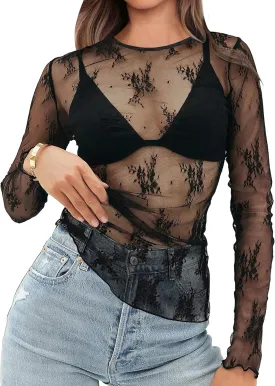 OFEEFAN Womens Mesh Tops Lace Long Sleeve Shirts Crewneck Slim Fitted Outfits See Through Blouses