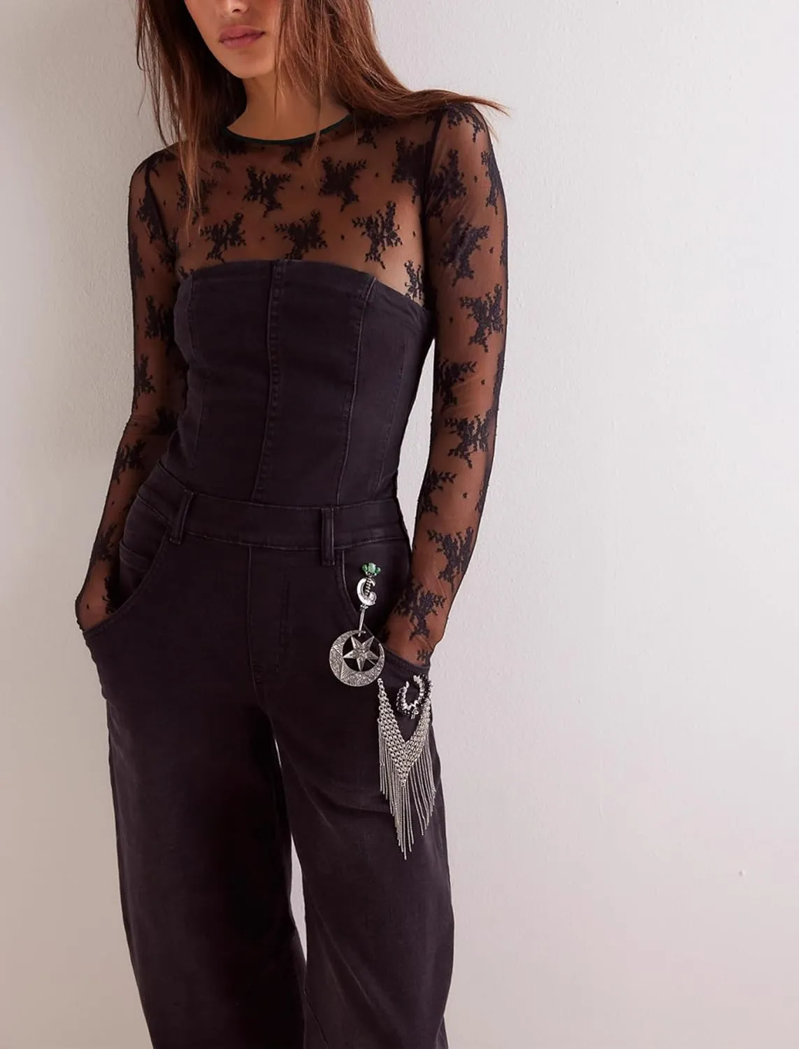 OFEEFAN Womens Mesh Tops Lace Long Sleeve Shirts Crewneck Slim Fitted Outfits See Through Blouses