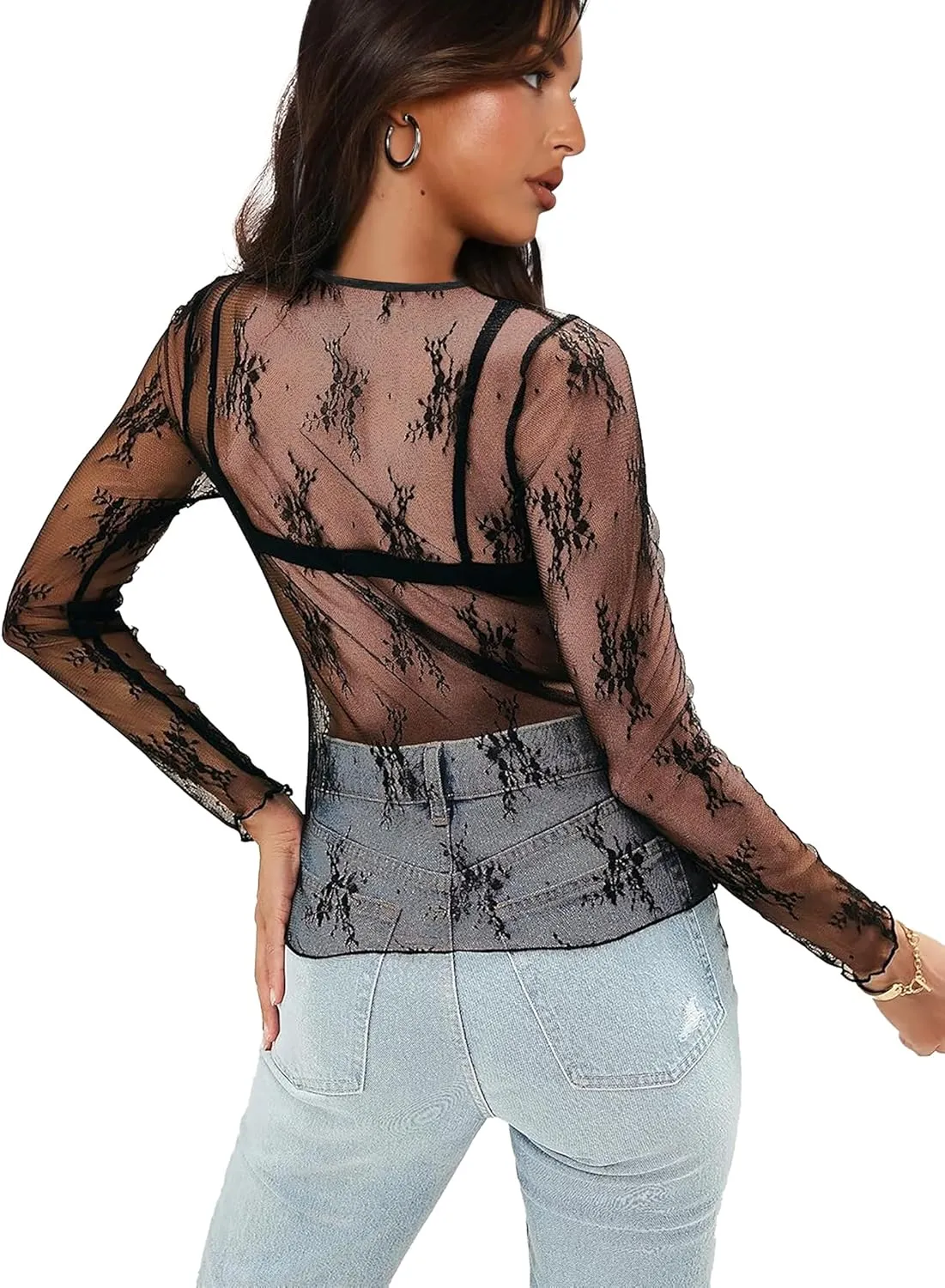 OFEEFAN Womens Mesh Tops Lace Long Sleeve Shirts Crewneck Slim Fitted Outfits See Through Blouses
