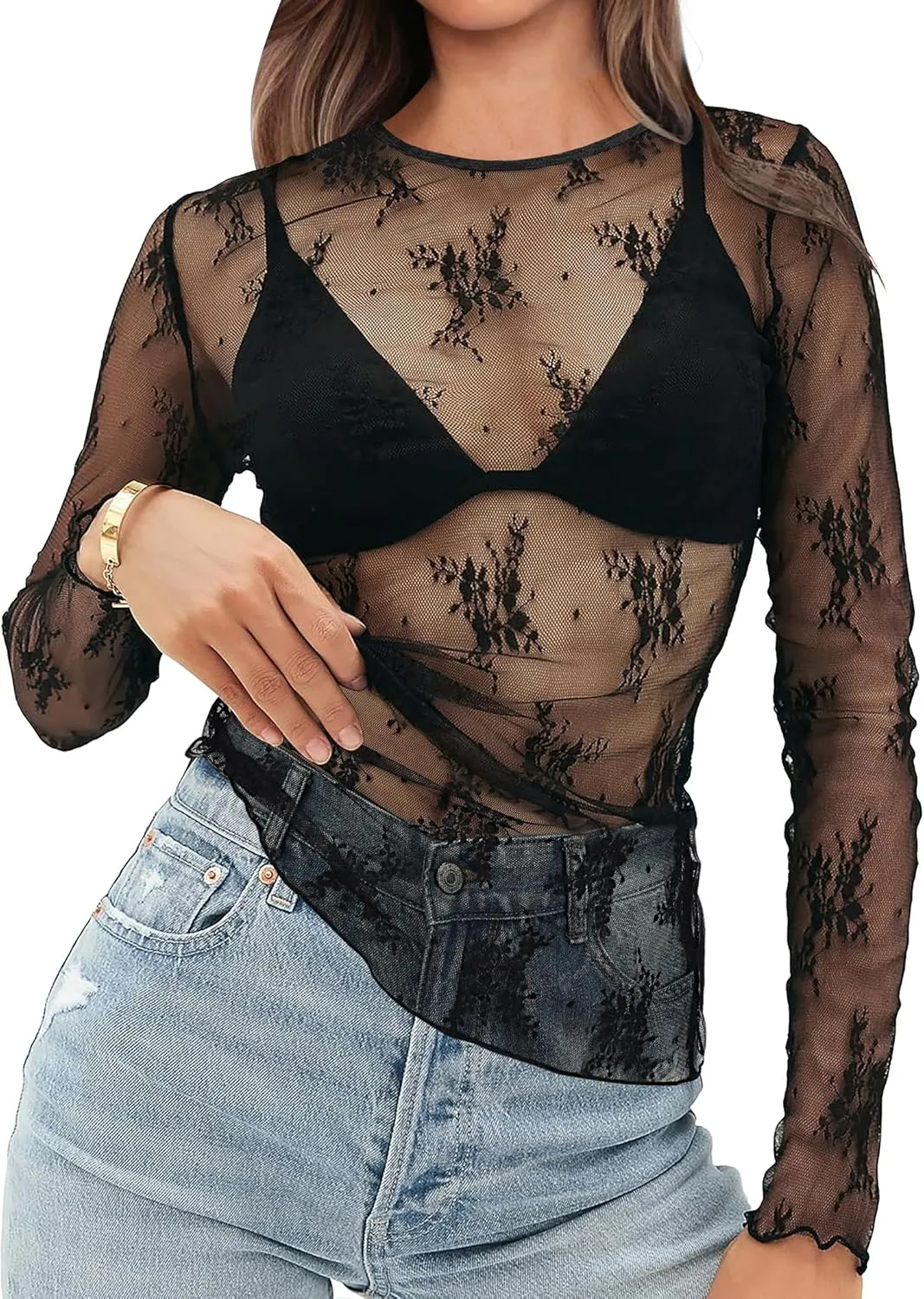 OFEEFAN Womens Mesh Tops Lace Long Sleeve Shirts Crewneck Slim Fitted Outfits See Through Blouses