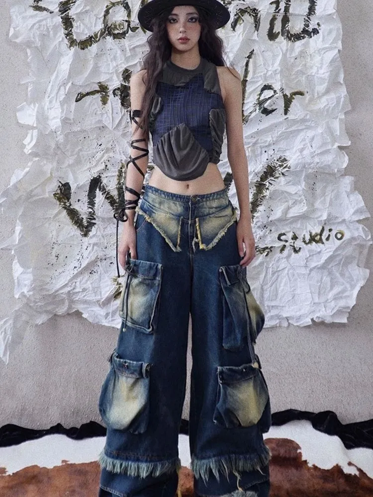 Original mesh pleated stitching vest【s0000003014】