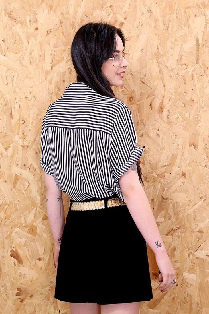 Short Sleeved Black and White Striped Blouse