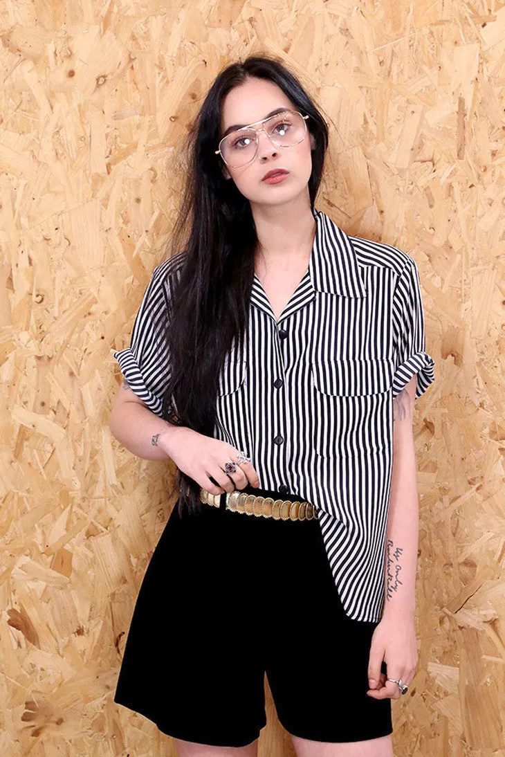 Short Sleeved Black and White Striped Blouse