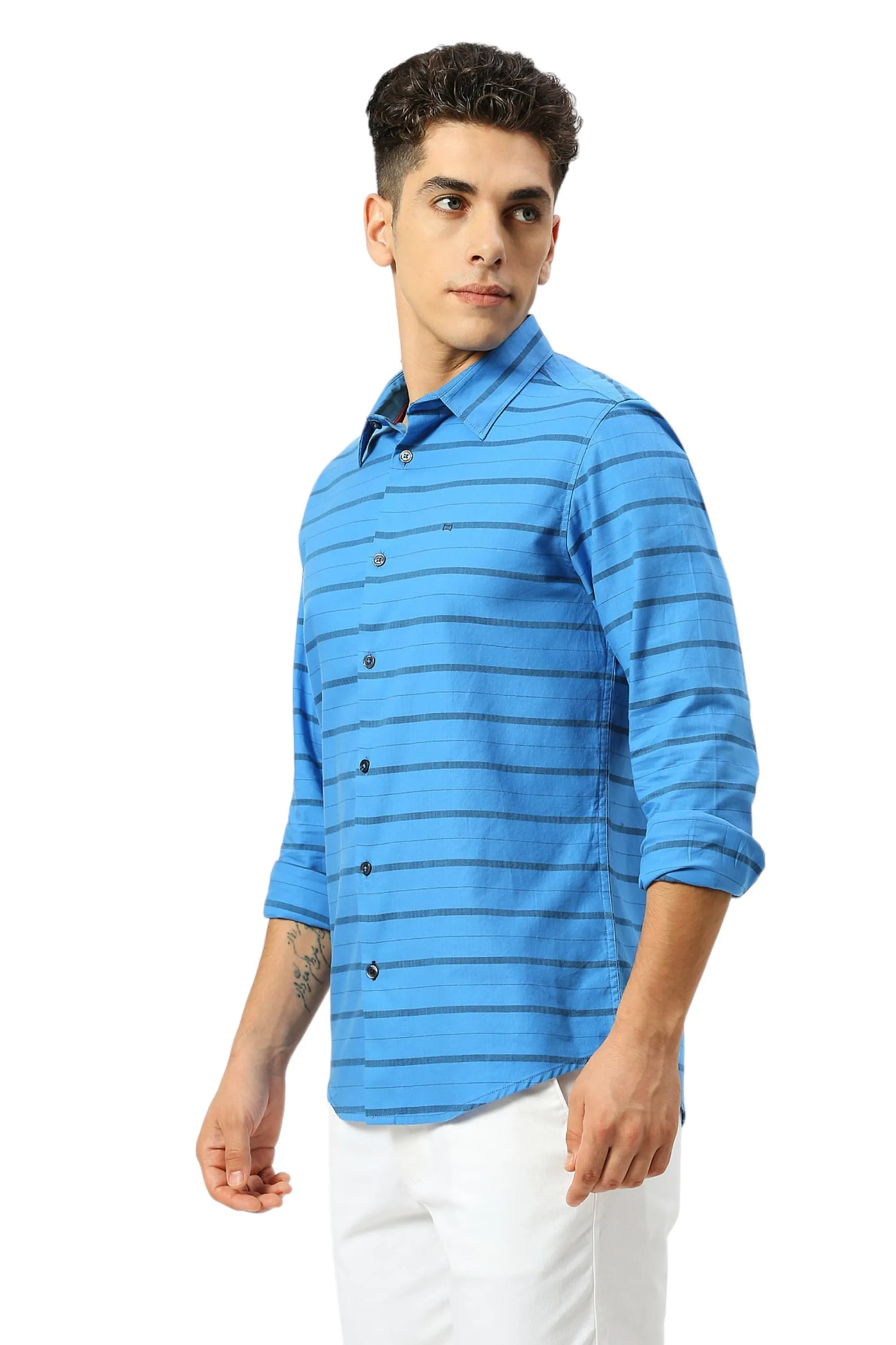 Slim Fit Cotton Weft Herringbone Stripe Shirt