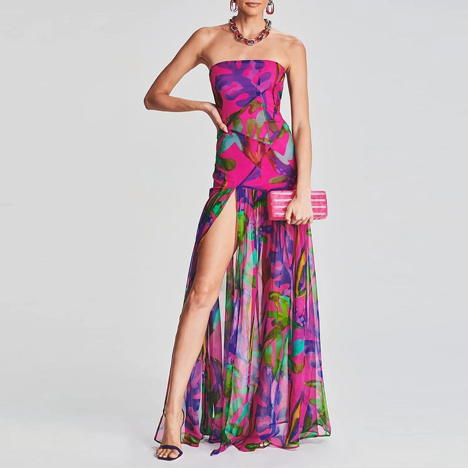 Strapless Dress for Women Y2K Sleeveless Backless Side Slit Tube Top Maxi Dress Beach Bandeau Sundress