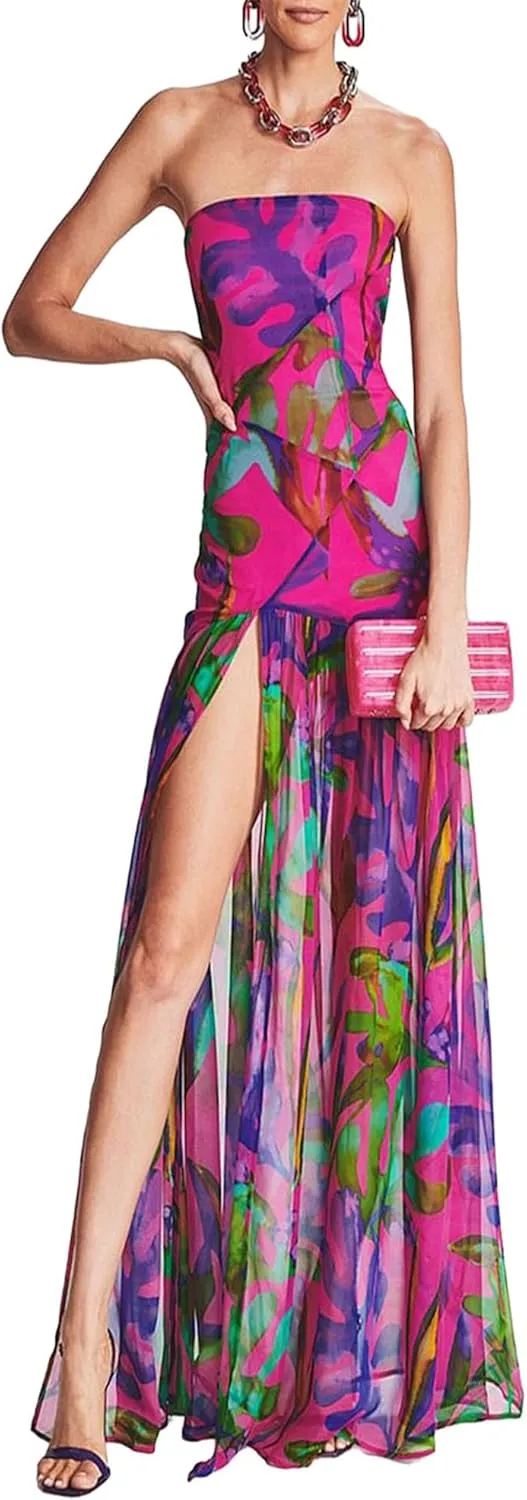 Strapless Dress for Women Y2K Sleeveless Backless Side Slit Tube Top Maxi Dress Beach Bandeau Sundress