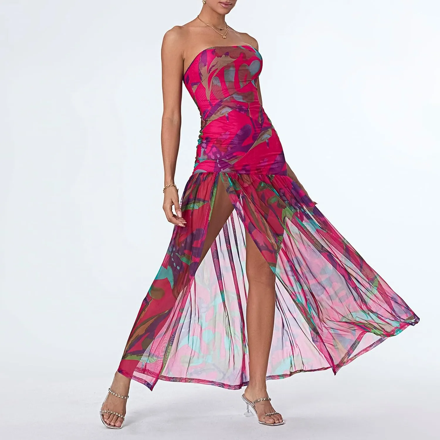 Strapless Dress for Women Y2K Sleeveless Backless Side Slit Tube Top Maxi Dress Beach Bandeau Sundress