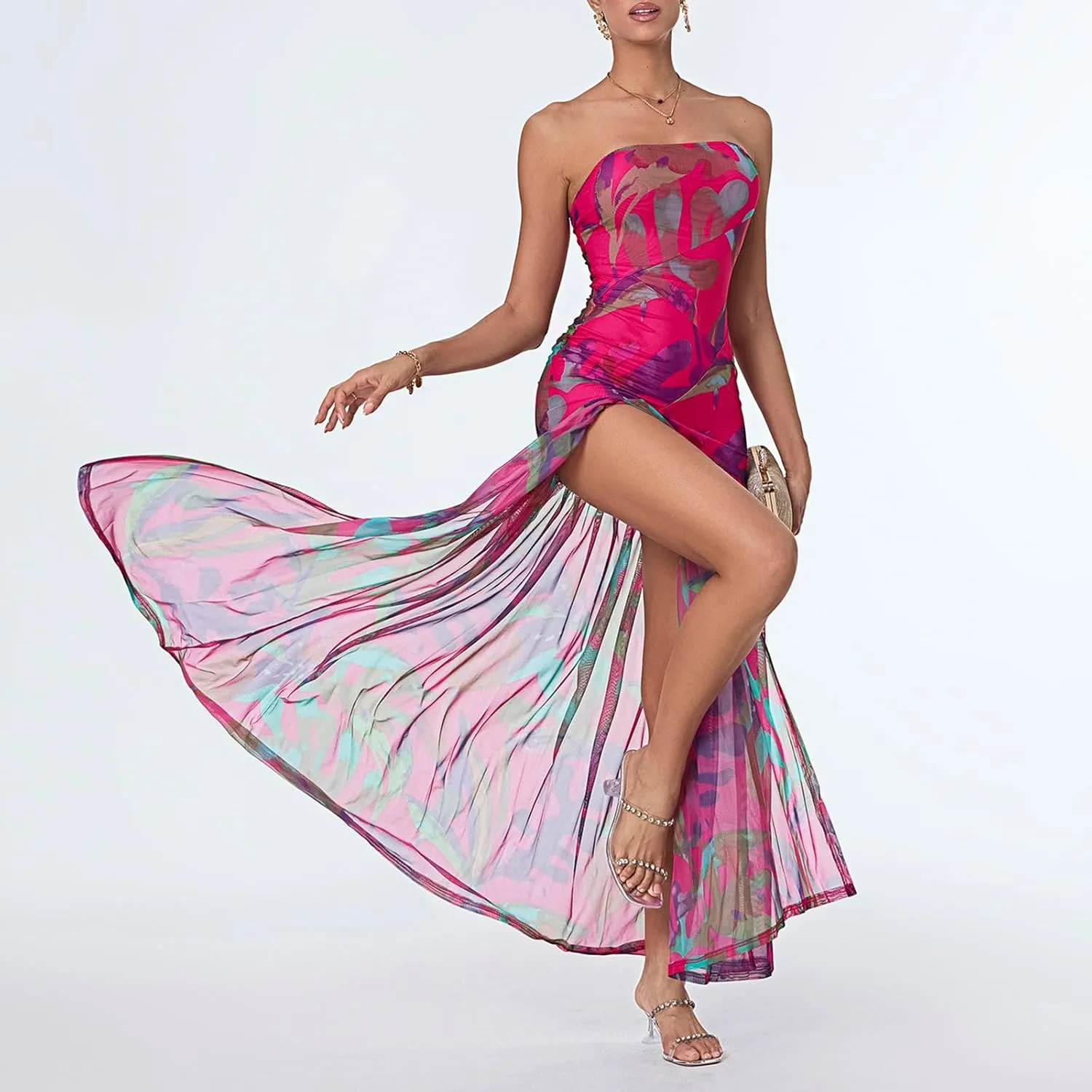 Strapless Dress for Women Y2K Sleeveless Backless Side Slit Tube Top Maxi Dress Beach Bandeau Sundress