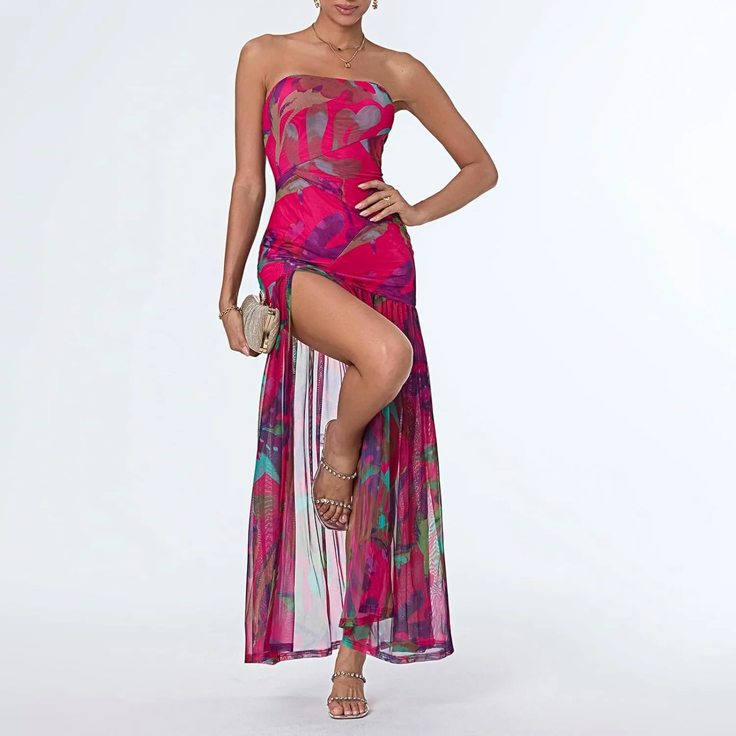 Strapless Dress for Women Y2K Sleeveless Backless Side Slit Tube Top Maxi Dress Beach Bandeau Sundress